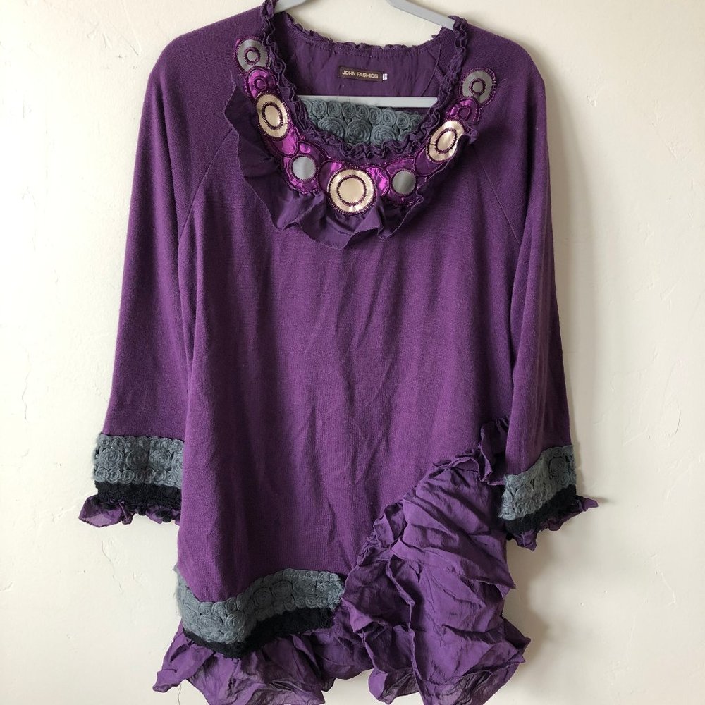 3/$12 John Fashion Mixed Fabric Purple Top XL